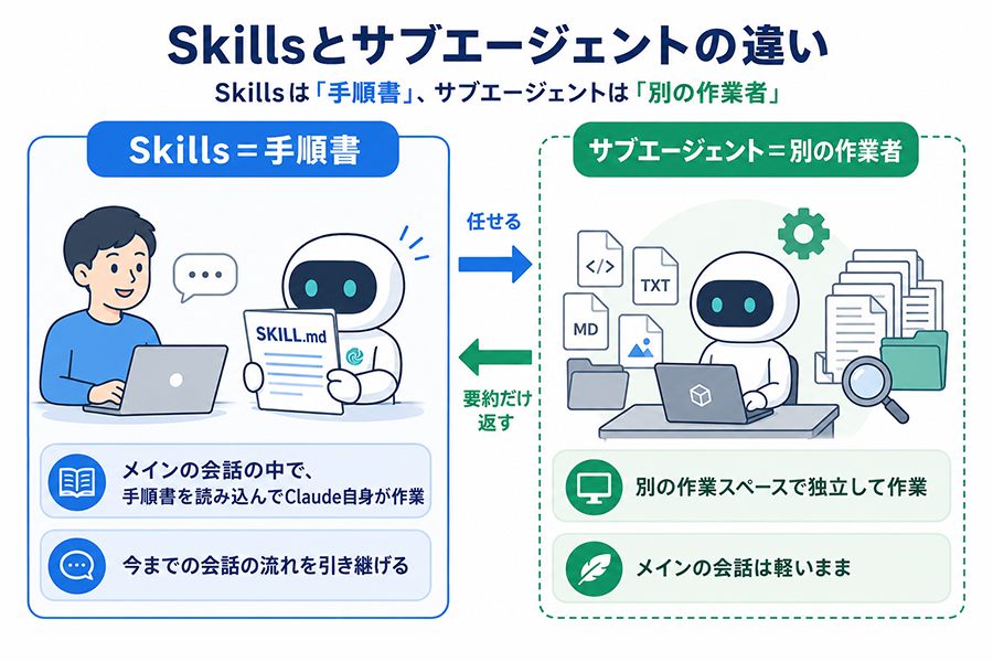 Skillsとサブエージェントの違いの図解。Skillsはメインの会話の中で手順書(SKILL.md)をClaude自身が読み込んで作業し、会話の流れを引き継げる。サブエージェントは任された作業を別の作業スペースで独立して行い、要約だけを返すのでメインの会話は軽いまま