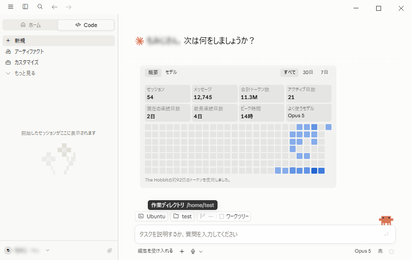 接続後のCodeタブ。入力欄の上にUbuntuとtestが並び、その上に作業ディレクトリ /home/test が表示されている